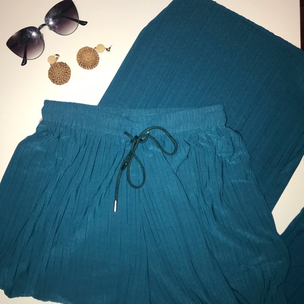 Blue Flowy Wide-Leg Pants